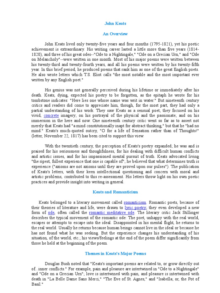 John Keats: A Brief Overview | PDF | Romanticism | John Keats