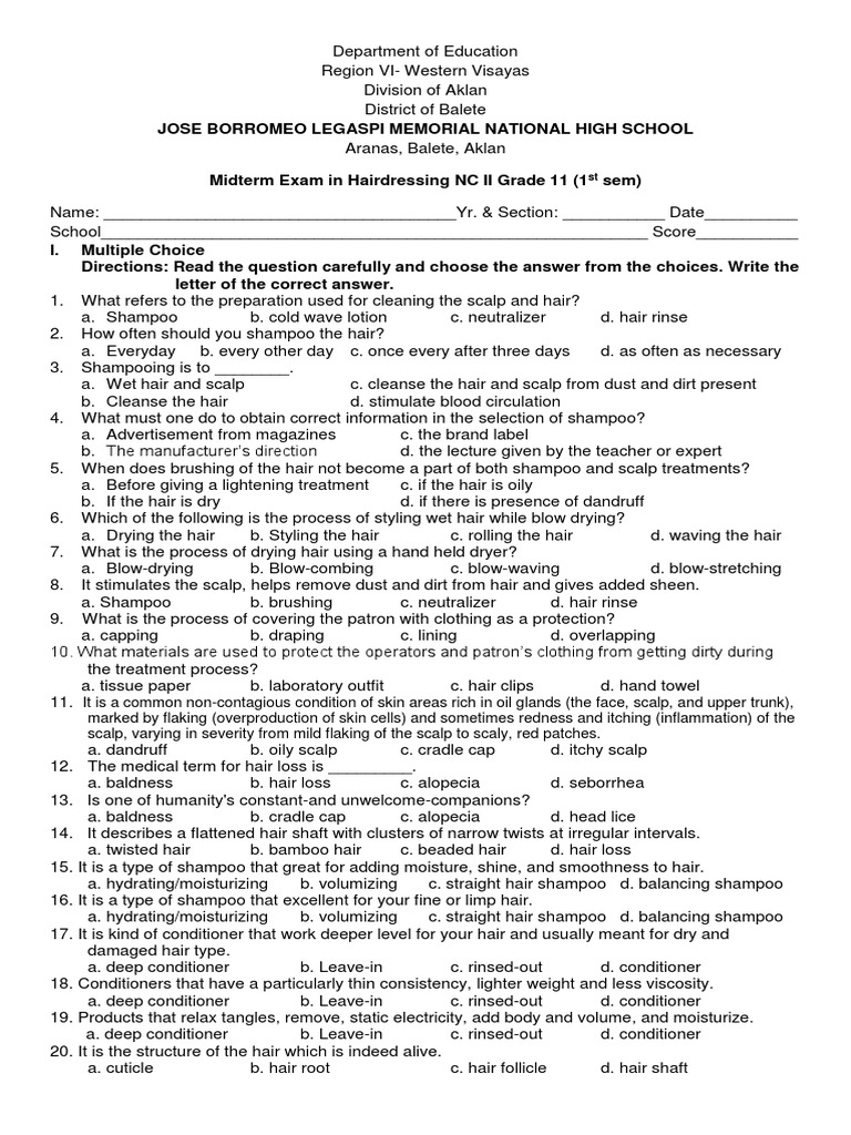 Midterm Exam in Hairdressing NC IIGrade 11 (1st Sem) PDF Hair Loss