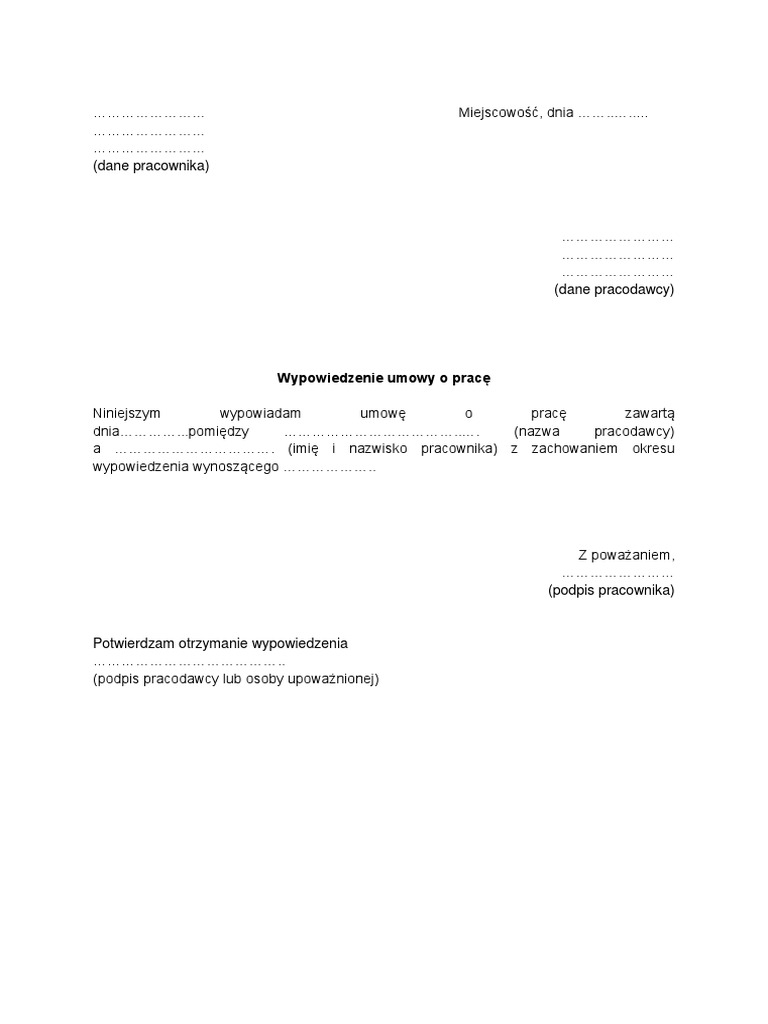 Druk Wypowiedzenia Umowy O Pracę Pdf