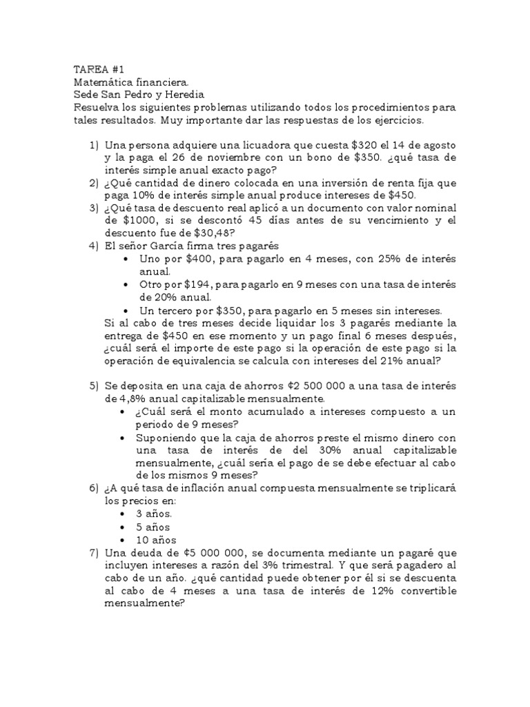 Problemas de Matemática Financiera | PDF | Interés | Tasas de interés