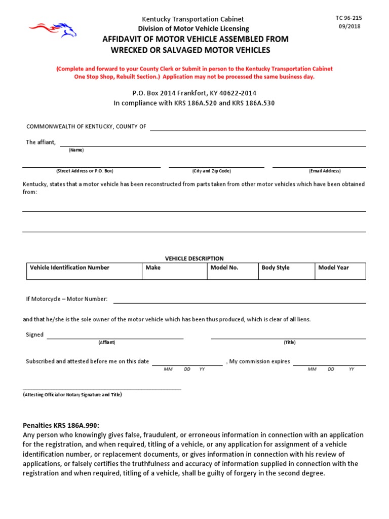 Kentucky Affidavit for Rebuilt Vehicles | PDF | Affidavit | Vehicles