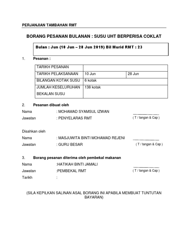 Borang Pesanan Perjanjian Tambahan Rmt Pdf