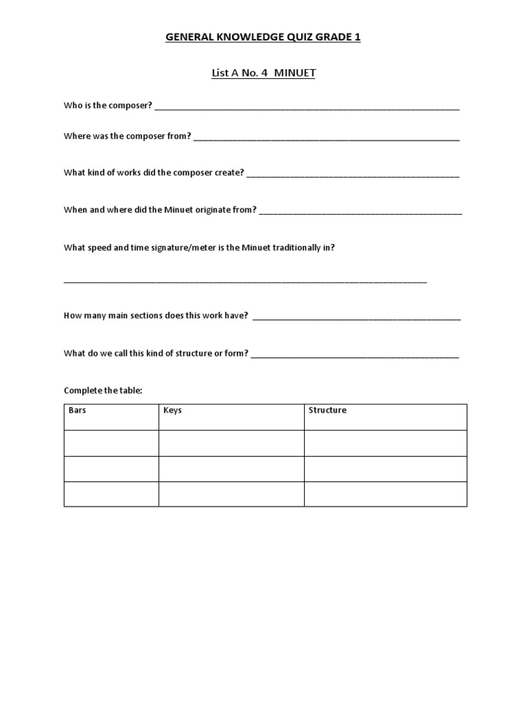 Grade 1 General Knowledge Quiz | PDF | Art