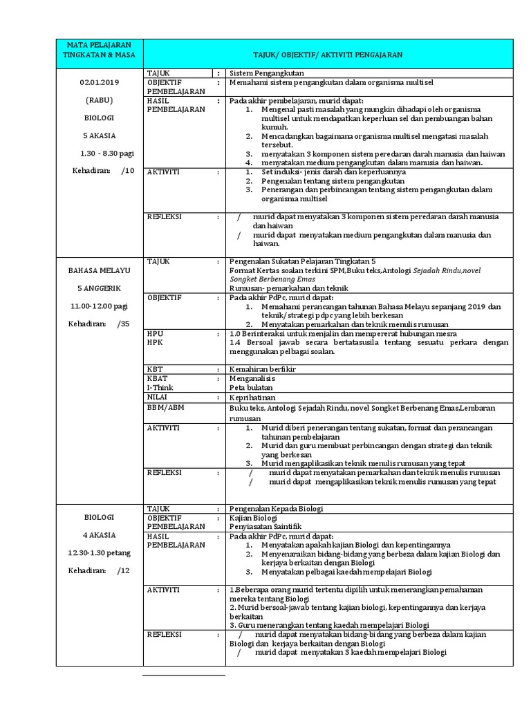 RPH Biologi Tingkatan 4: Sistem Pengangkutan | PDF