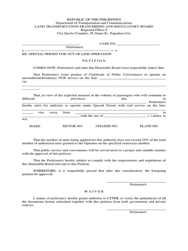 LTFRB Special Permit Petition Template | PDF | Social Institutions ...