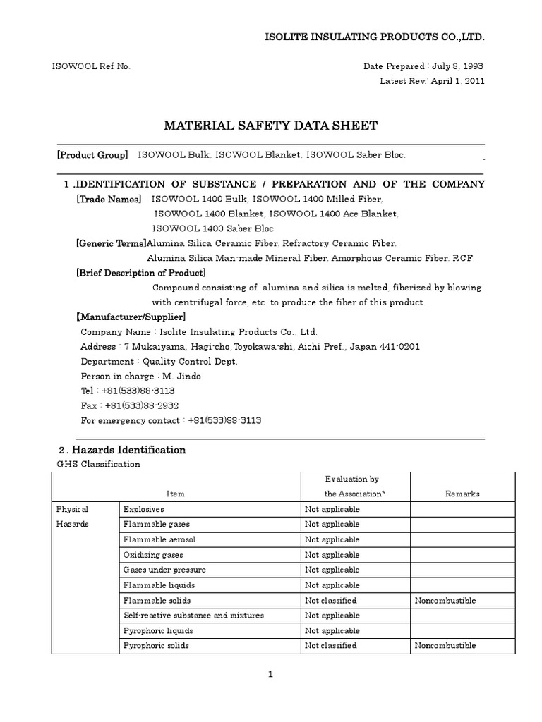 Isolite MSDS - 1400 Series | PDF | Toxicity | Dangerous Goods