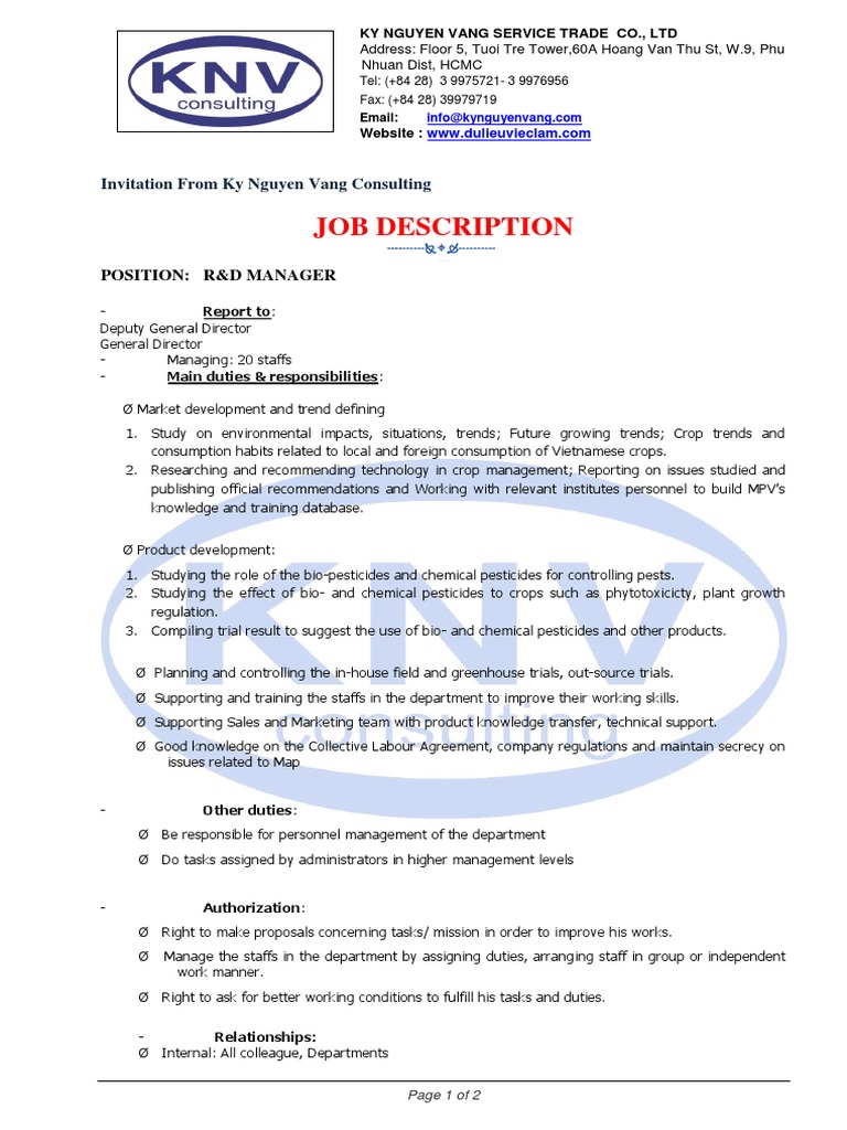 R&D Manager Position at Ky Nguyen Vang | PDF | Pesticide | Agriculture