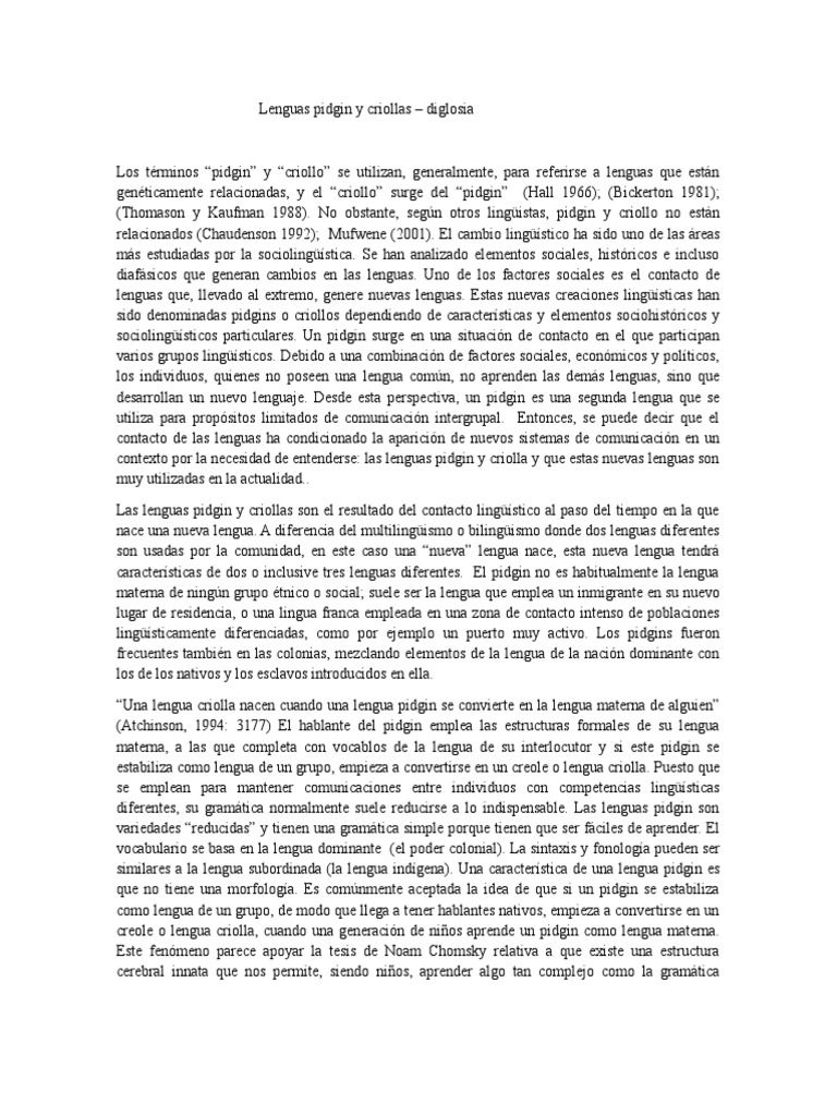 Lenguas Pidgin Y Criollas Pdf Sociolingüística Cognición