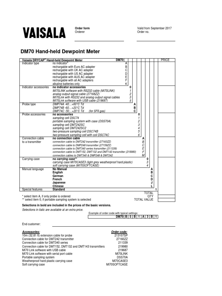 DM70 Hand-Held Dewpoint Meter: Accessories: Order Code | PDF | Cable ...