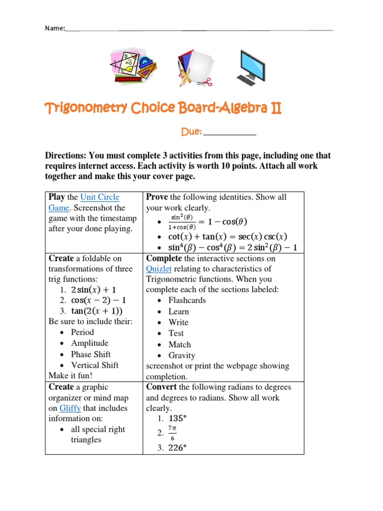 Trigonometry Choice Board Trigonometric Functions Trigonometry