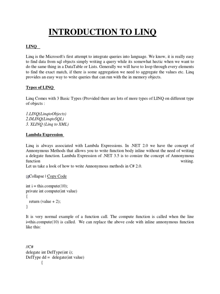 Introduction of Linq | PDF | Language Integrated Query | Parameter ...