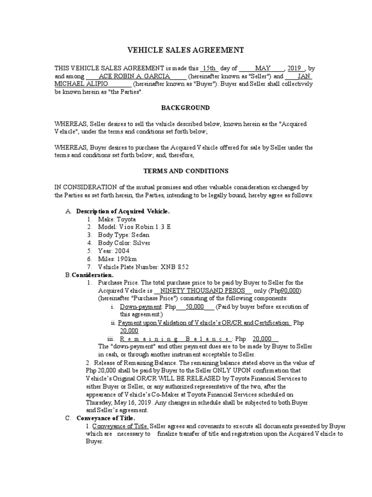 Vehicle Sales Agreement for Toyota Vios | PDF | Indemnity | Breach Of ...