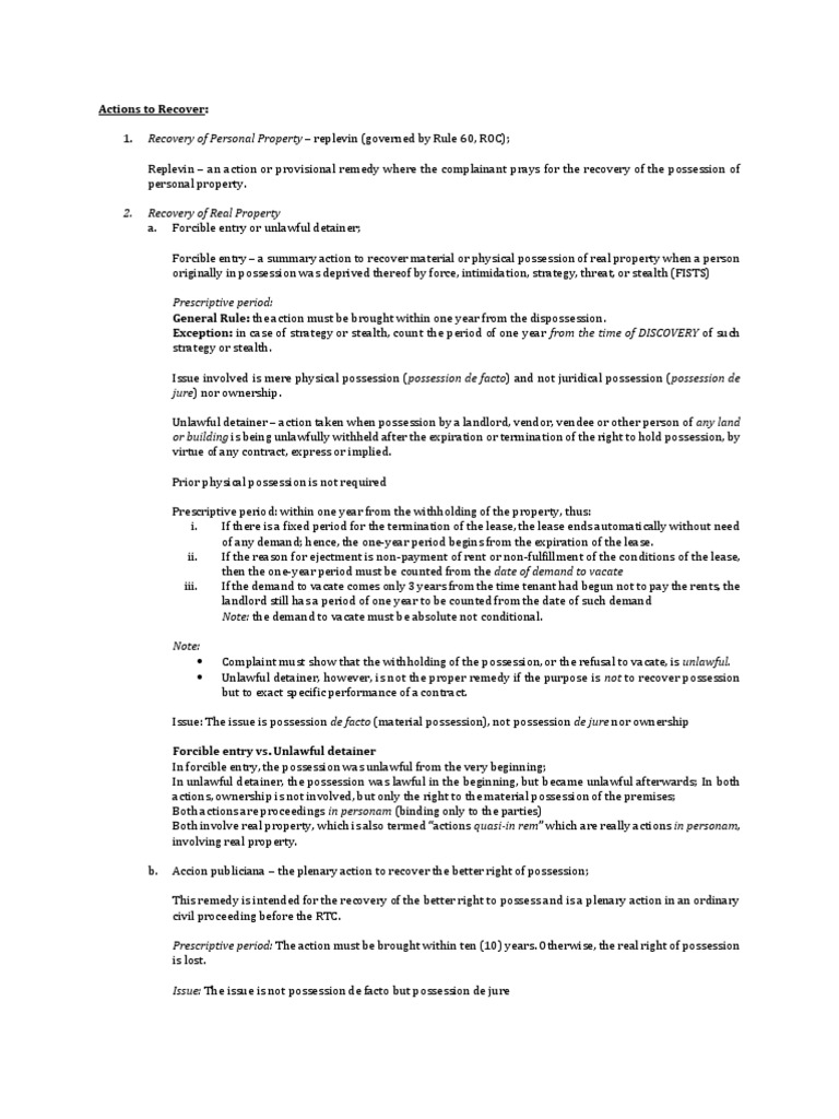 Actions To Recover PDF Real Property Lease