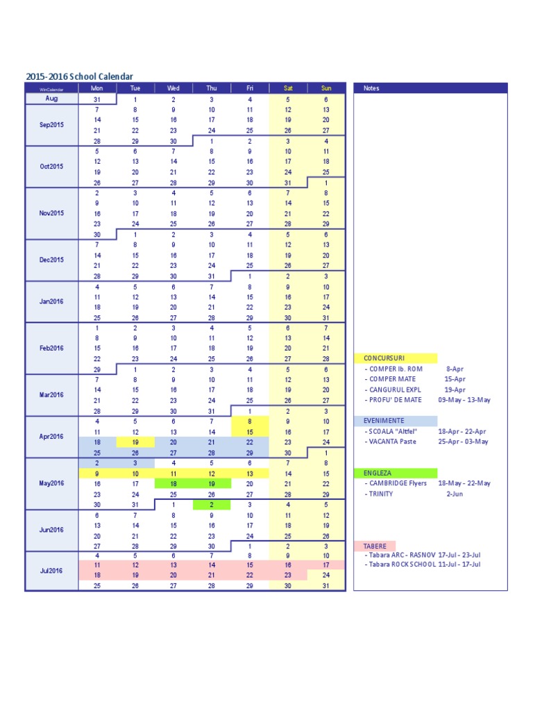 20152016 School Calendar Mon Tue Wed Thu Fri Notes PDF