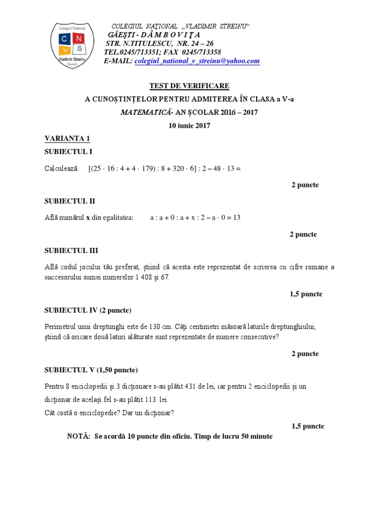 MATEMATICA Varianta 1 | PDF