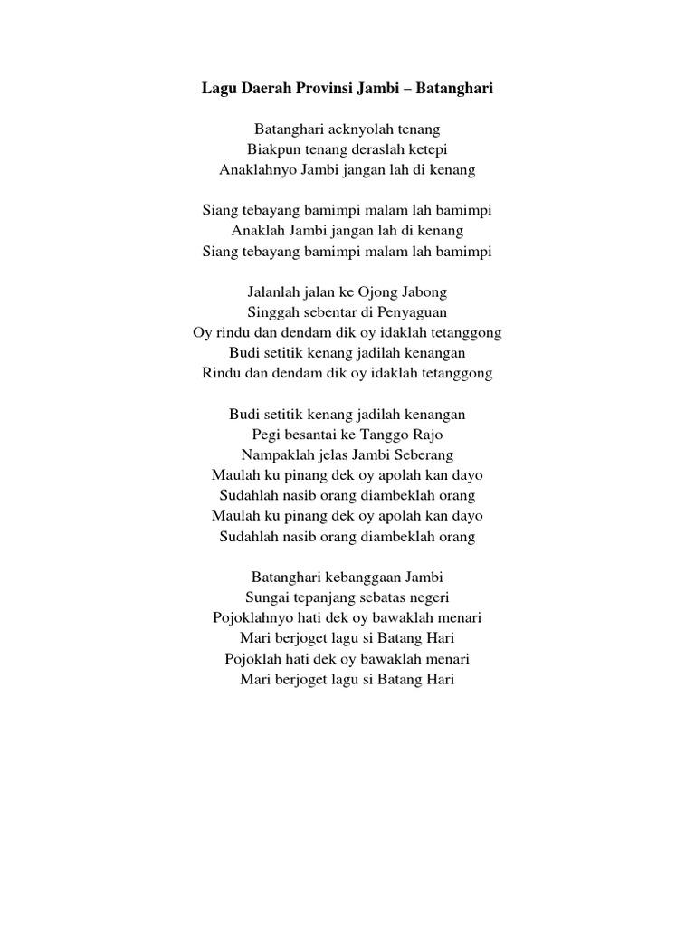 Lirik Lagu Daerah Provinsi Jambi