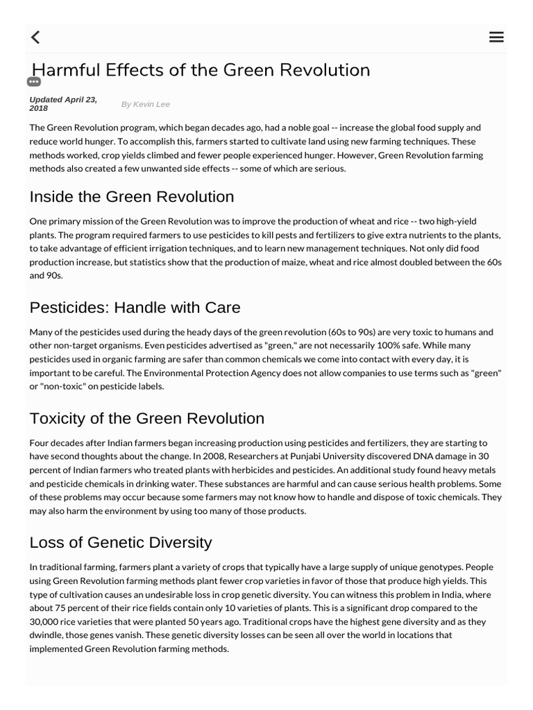 Harmful Effects of Green Revolution PDF Green Revolution Agriculture