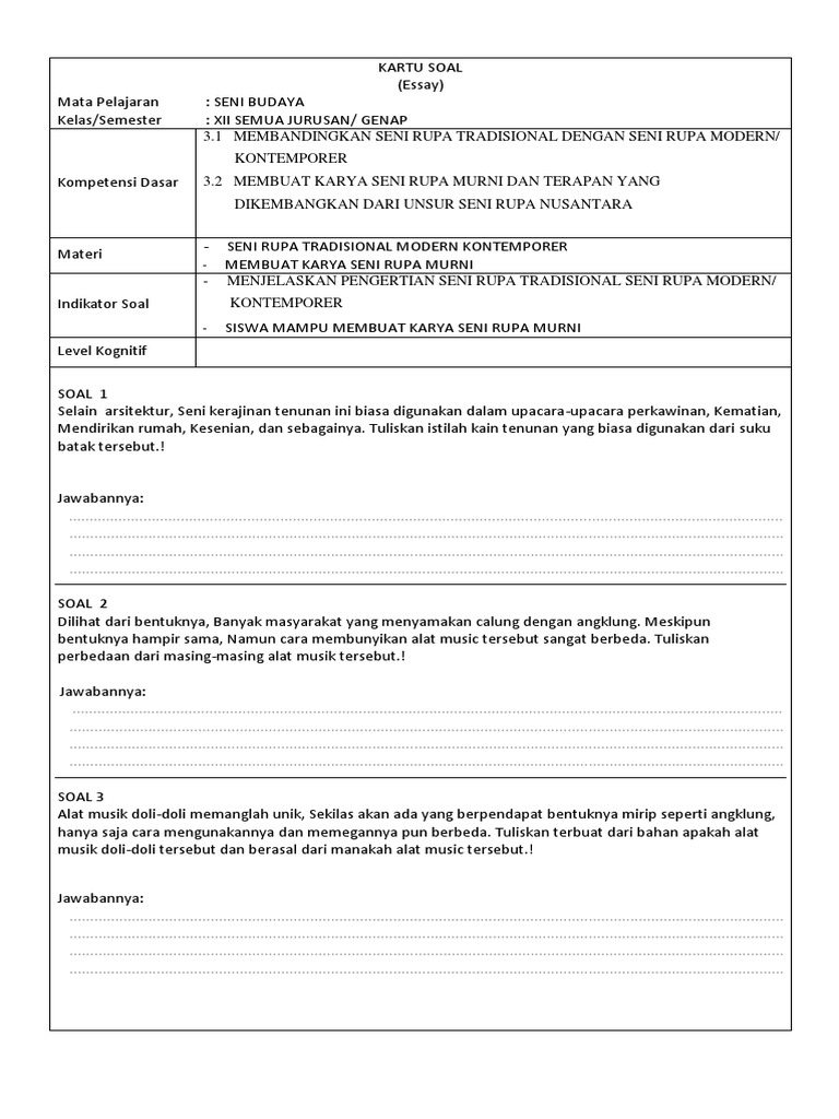 Kartu Soal Hots Senibudaya Kls Xii Sem Genap