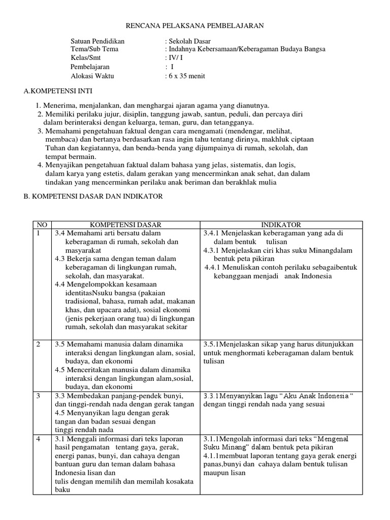 Contoh RPP Tema 1 Subtema 1 Pembelajaran 1 | PDF