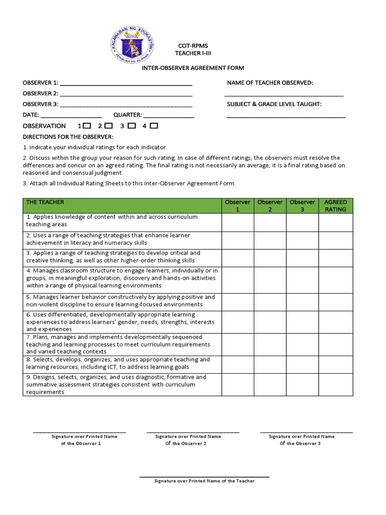 Inter-Observer Agreement Form 2024 | PDF | Curriculum | Learning