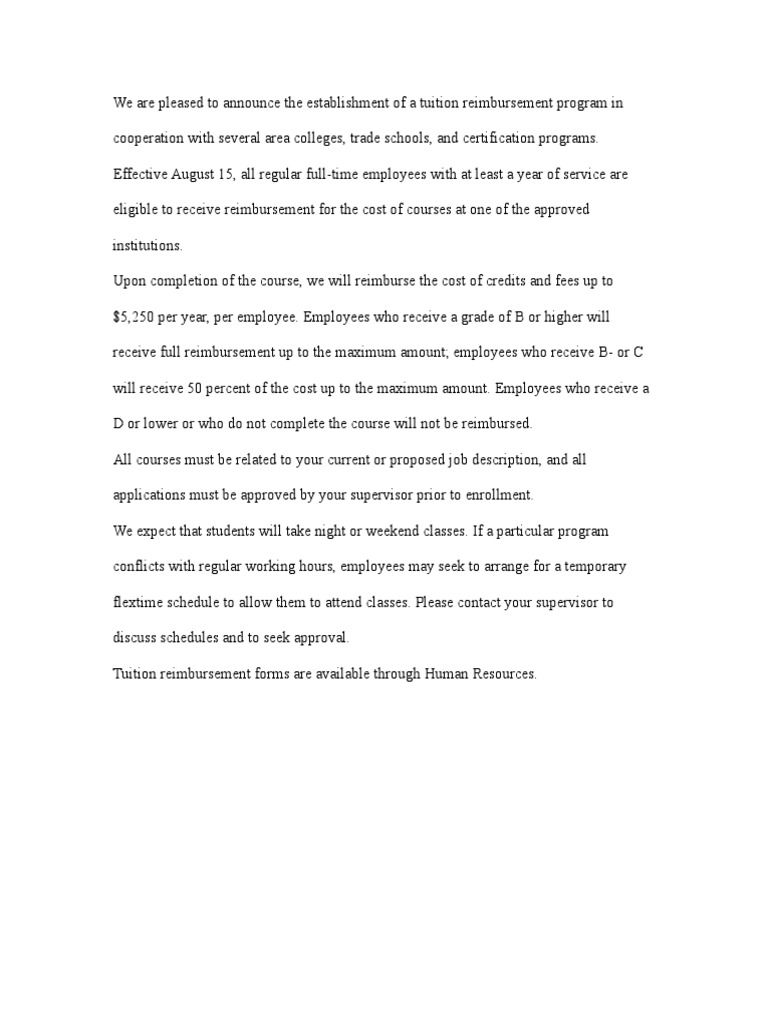 Announcement of Tuition Reimbursement Program PDF Tuition Payments