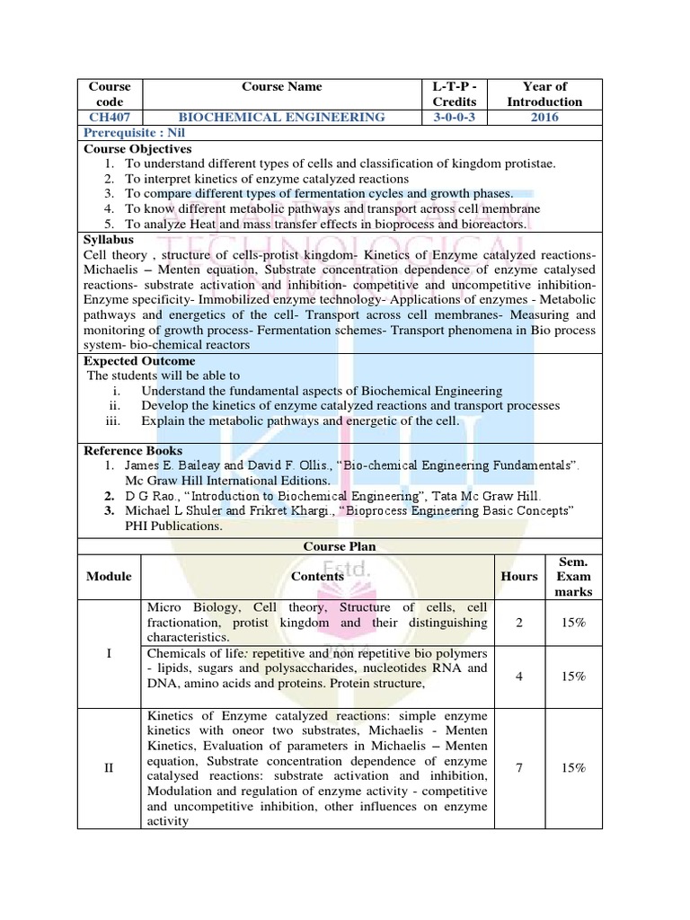 Biochemical Engineering Course Overview | PDF | Enzyme Kinetics | Enzyme