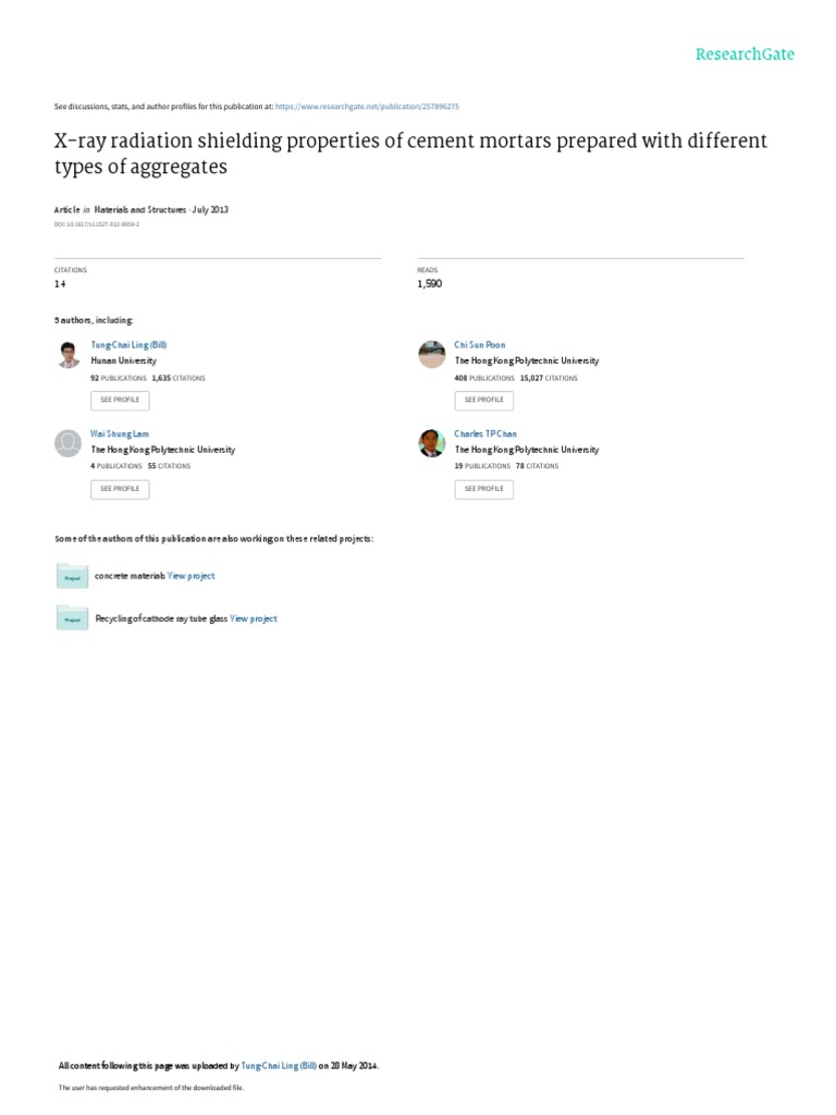 XRay Radiation Shielding Properties of Cement Mortars Prepared With