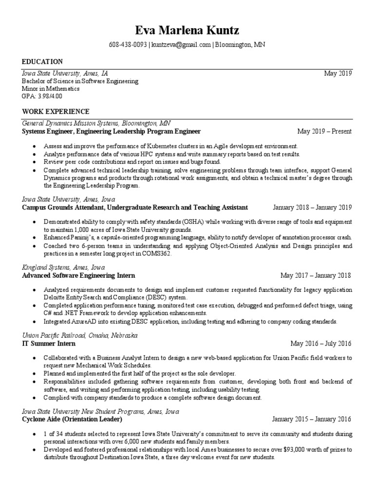 Eva Kuntz - Resume - May 2019 | PDF | Software Bug | Computer Programming