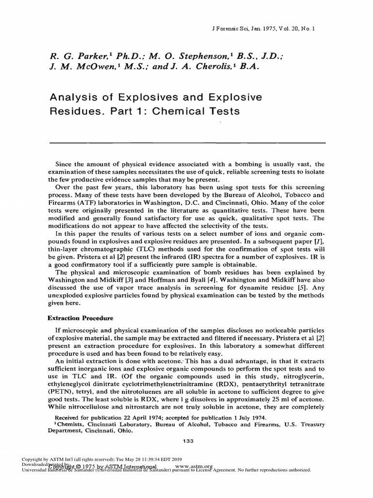 Analysis of Explosives and Explosive Residues. Part 1" Chemical Tests