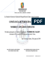 Constancia de participación en taller de capacitación hospital Rezola Cañete 2019