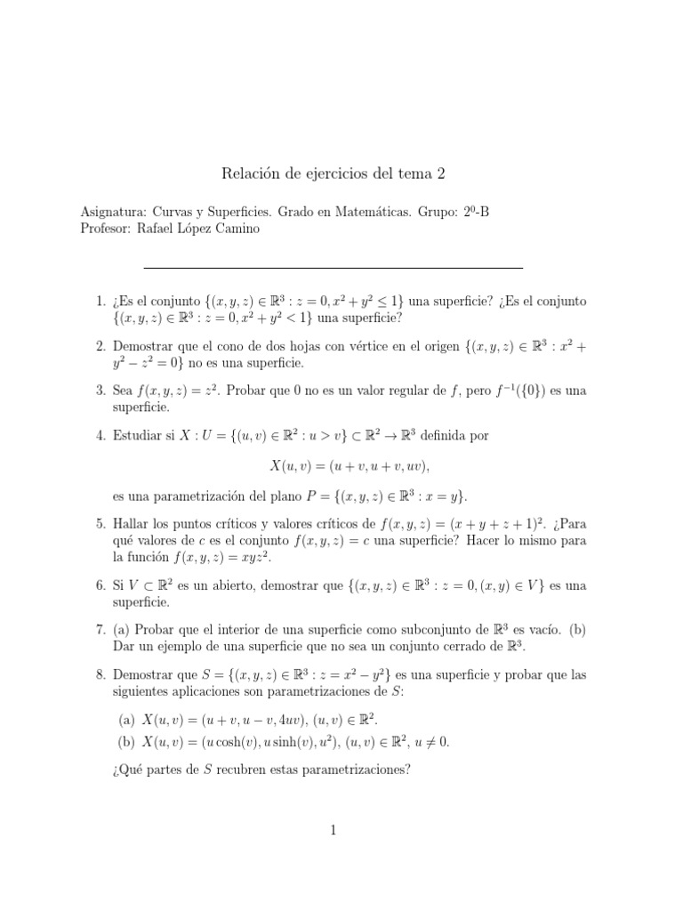 Ejercicios sobre Curvas y Superficies | PDF | Curva | Línea (geometría)