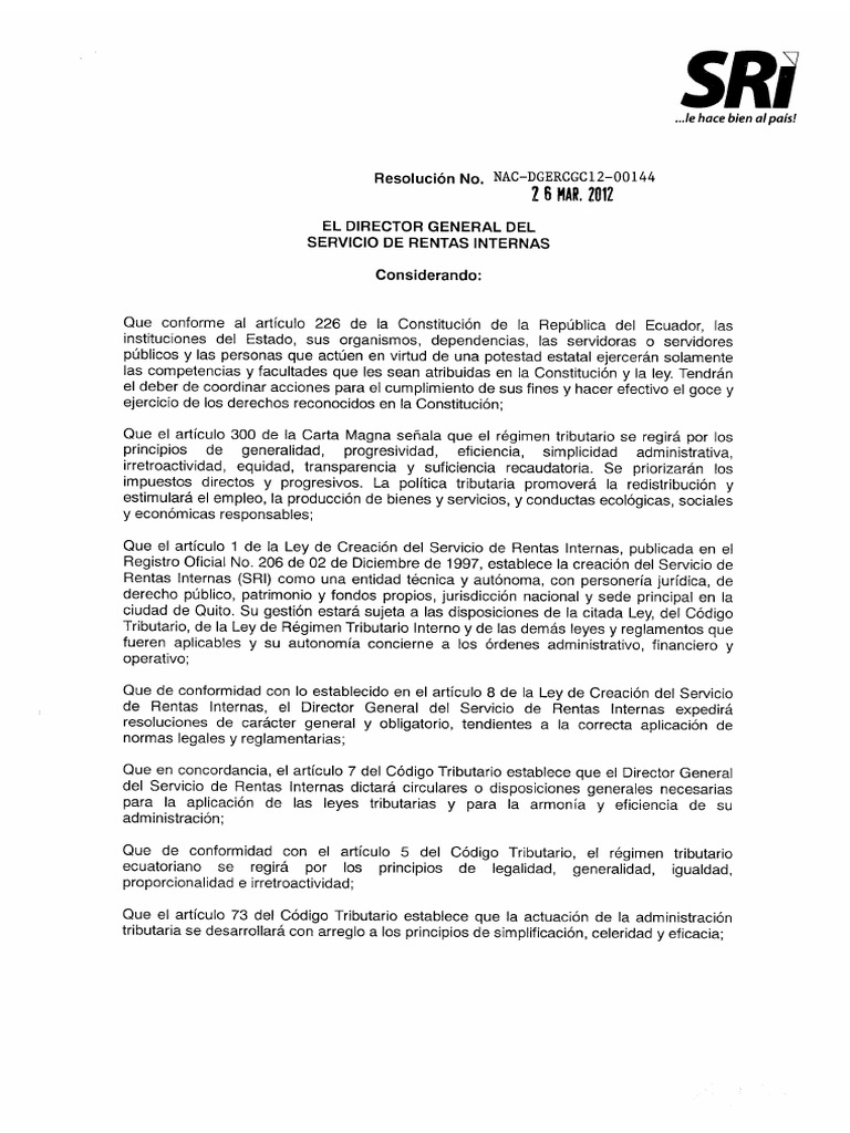 Resolución No. NAC-DGERCGC12-00144 PDF | PDF