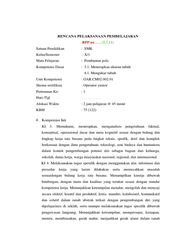 RPP Pembuatan Pola SMK Kelas X | PDF | Karier & Perkembangan