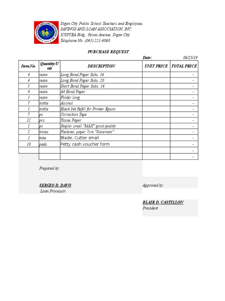 Purchase Request Date: Item No. Description Unit Price Total Price ...