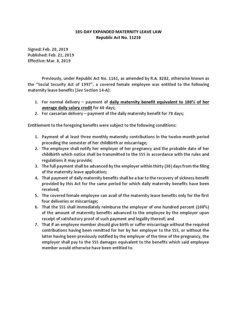 New Laws, SSS, PhilHealth, Maternity Leave PDF Parental Leave
