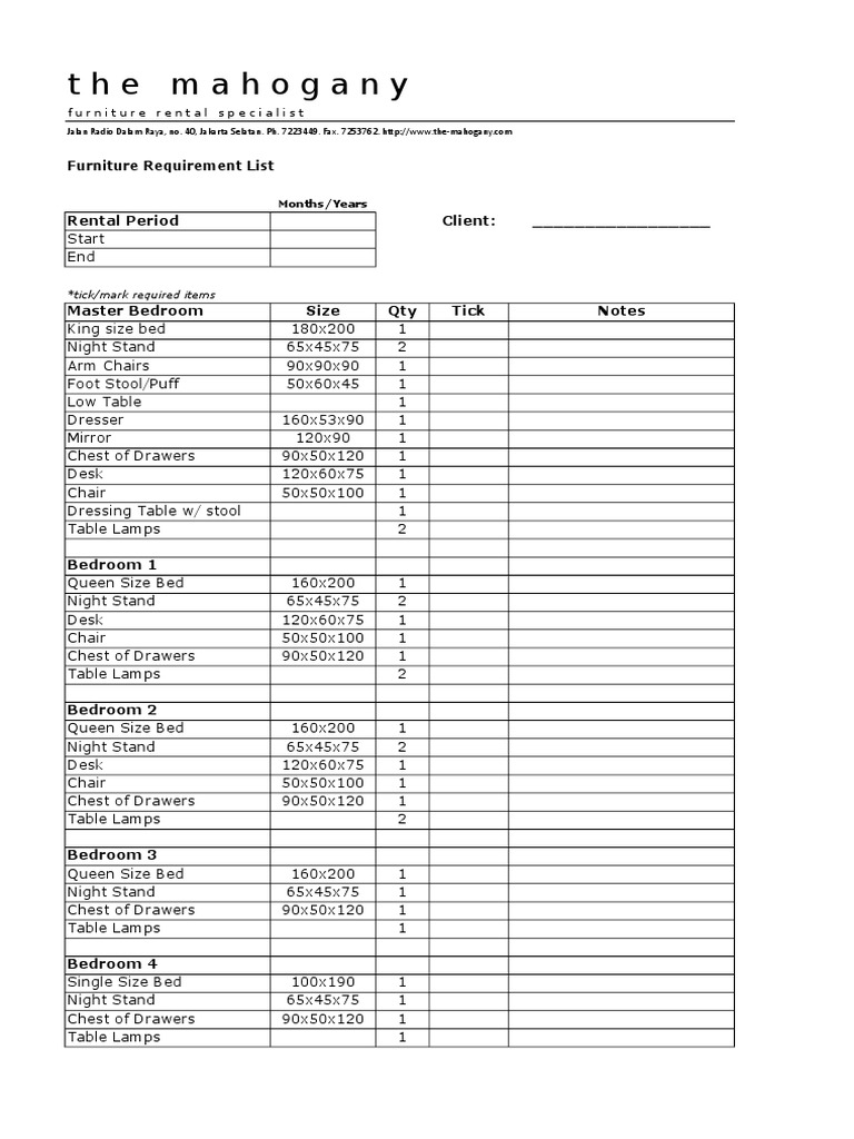 Furniture Requirement List PDF Bedroom Chair