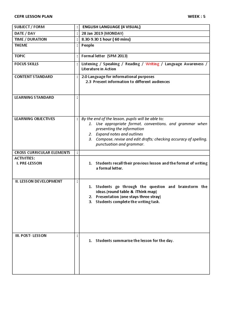 CEFR English Lesson Plan: Formal Letter | PDF | Career & Growth