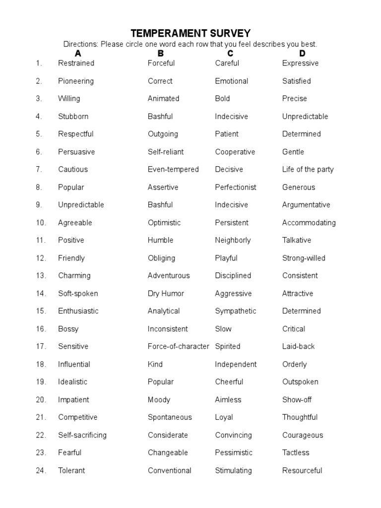 Temperament Survey A B C D Pdf Psychological Concepts Psychology