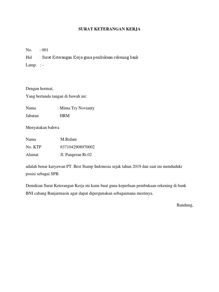 Surat Keterangan Kerja Bni Pdf