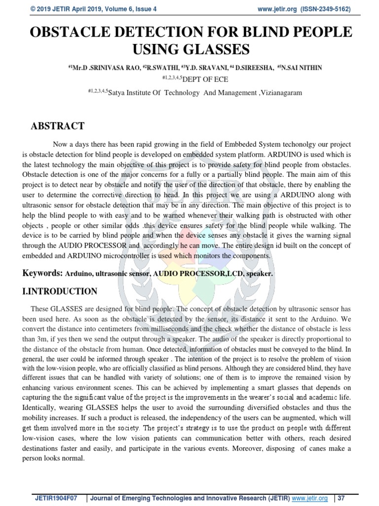 Obstacle Detection For Blind People Using Glasses | PDF | Visual ...