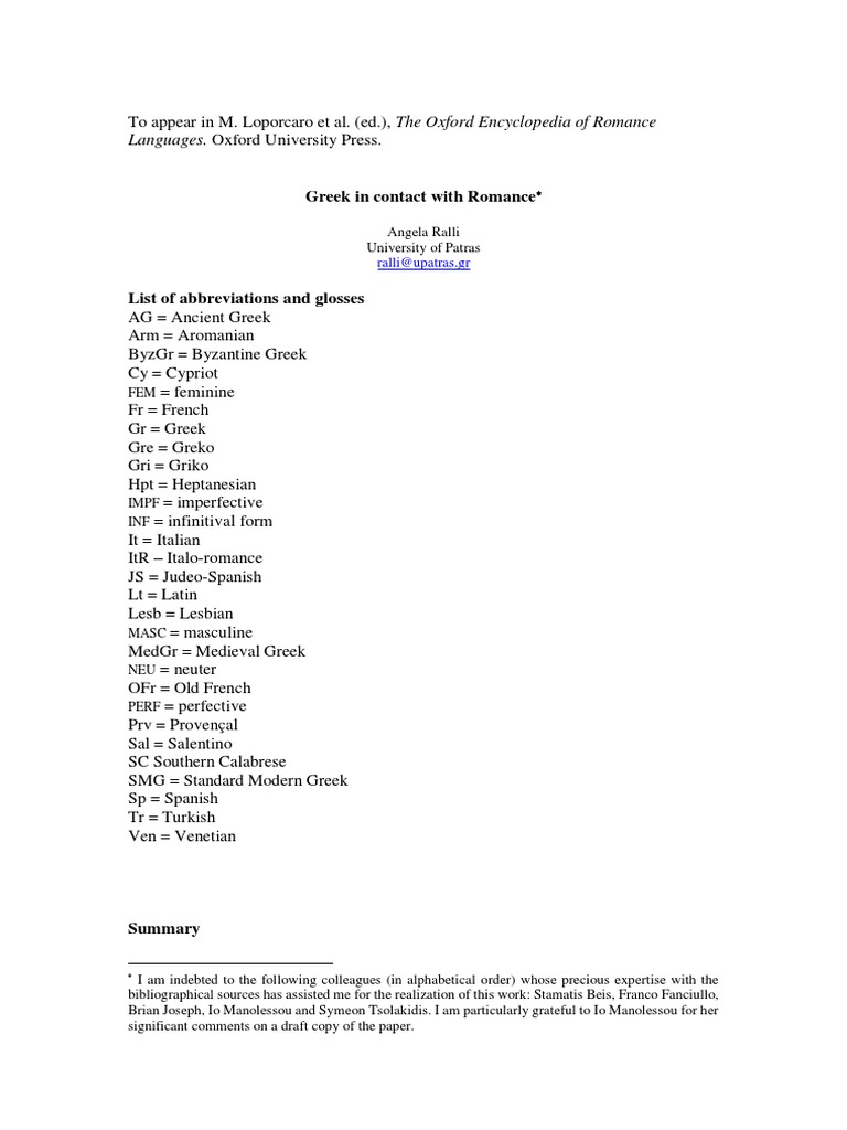 Greek In Contact With Romance Pdf Pdf Greek Language Grammatical