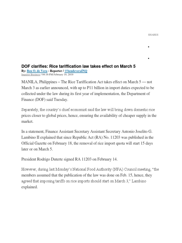 Rice Tariffication Updates 021919 PDF Tariff World Trade
