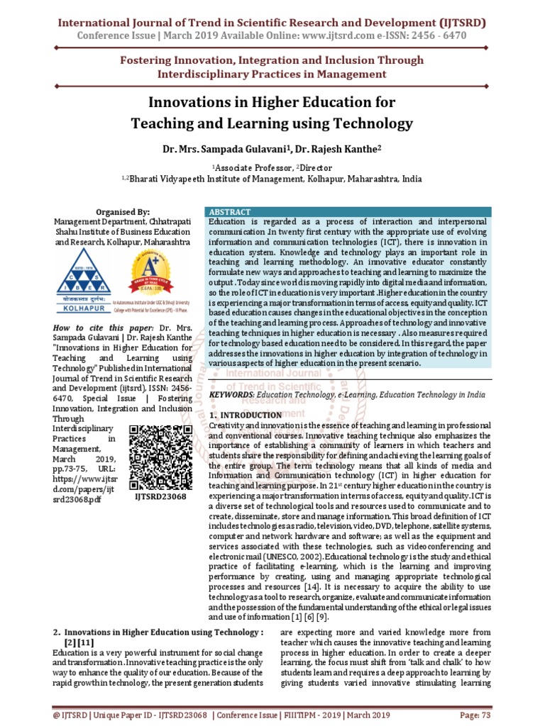 Innovations in Higher Education For Teaching and Learning Using ...