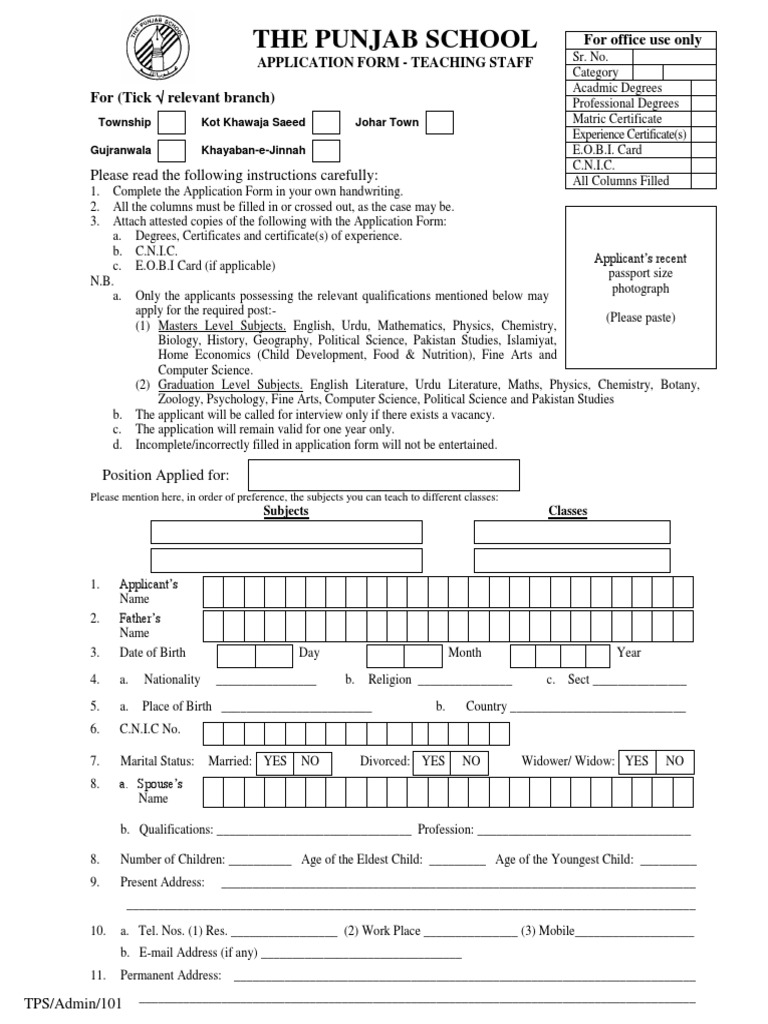 Punjab School Teaching Staff Application | PDF | Academic Degree | Science