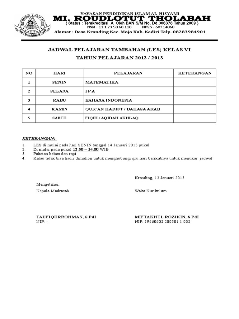 Jadwal Pelajaran Tambahan | PDF
