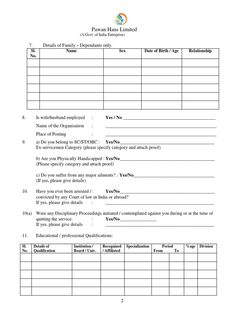 Pawan Hans Employment Application Form | PDF | Social Institutions ...