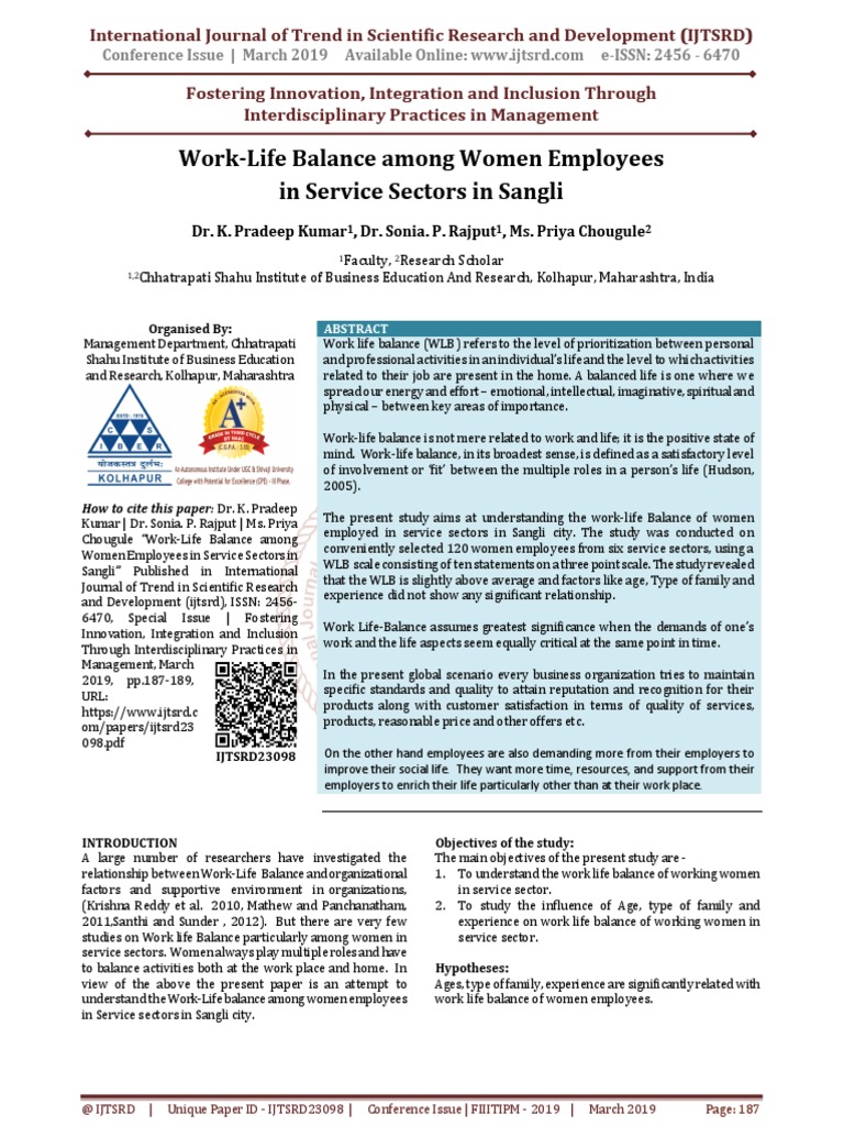 Work Life Balance Among Women Employees in Service Sectors in Sangli ...