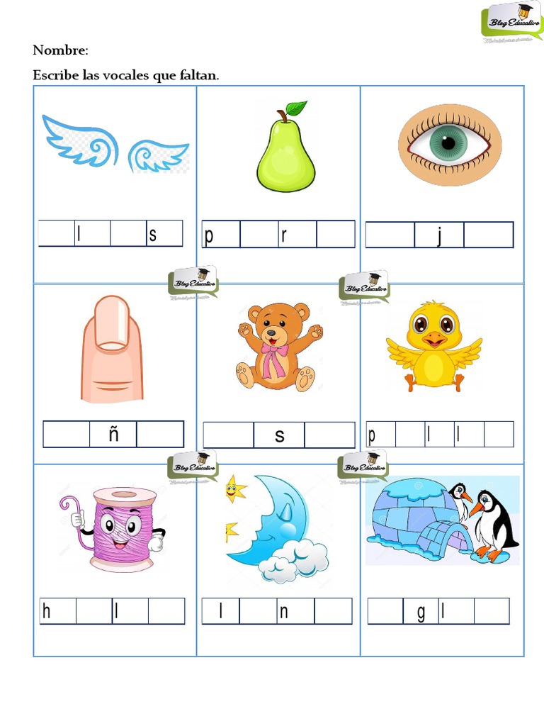 Fichas para Completar Las Vocales PDF PDF | PDF | Artes del Lenguaje y  Comunicación, image size:768x1024