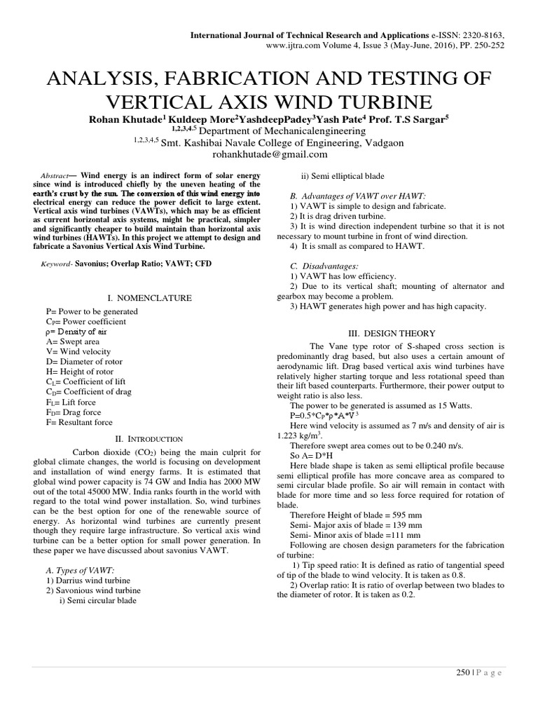 Analysis, Fabrication and Testing of Vertical Axis Wind Turbine | PDF ...