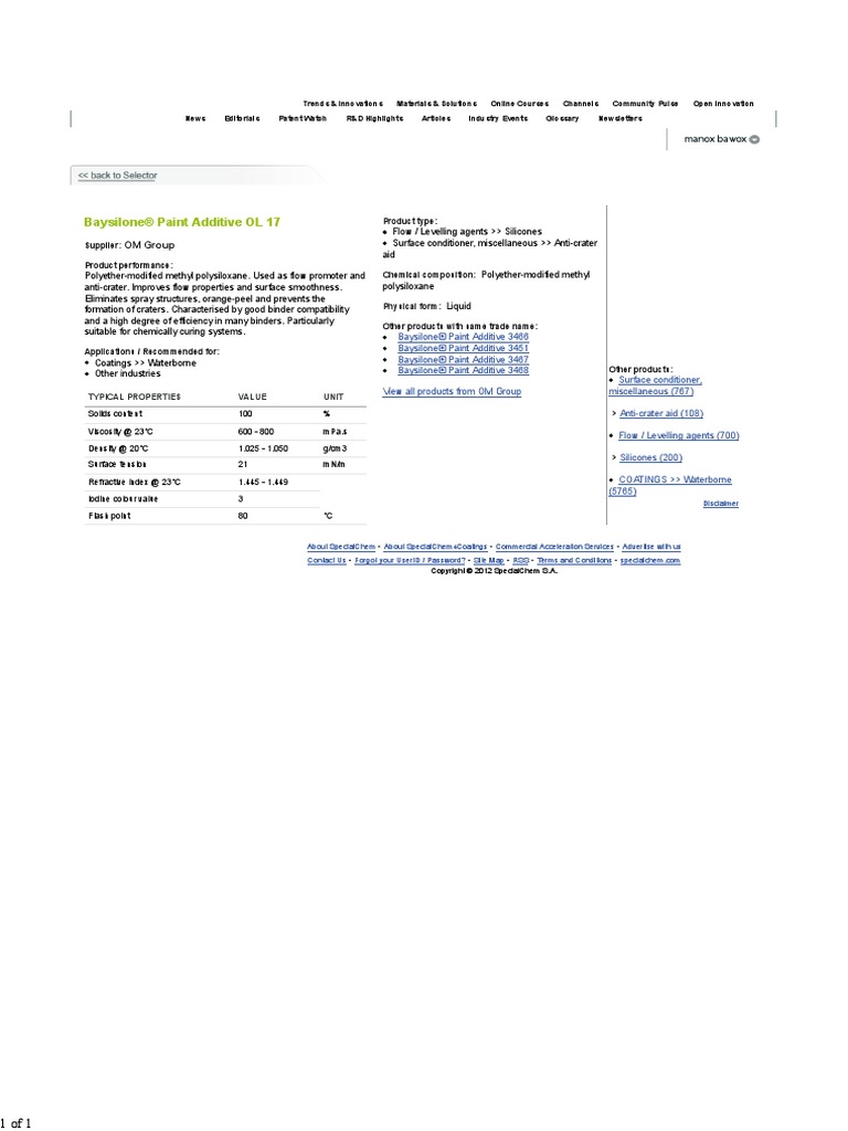 Baysilone® Paint Additive OL 17 by OM Group SpecialChem4Coatings PDF